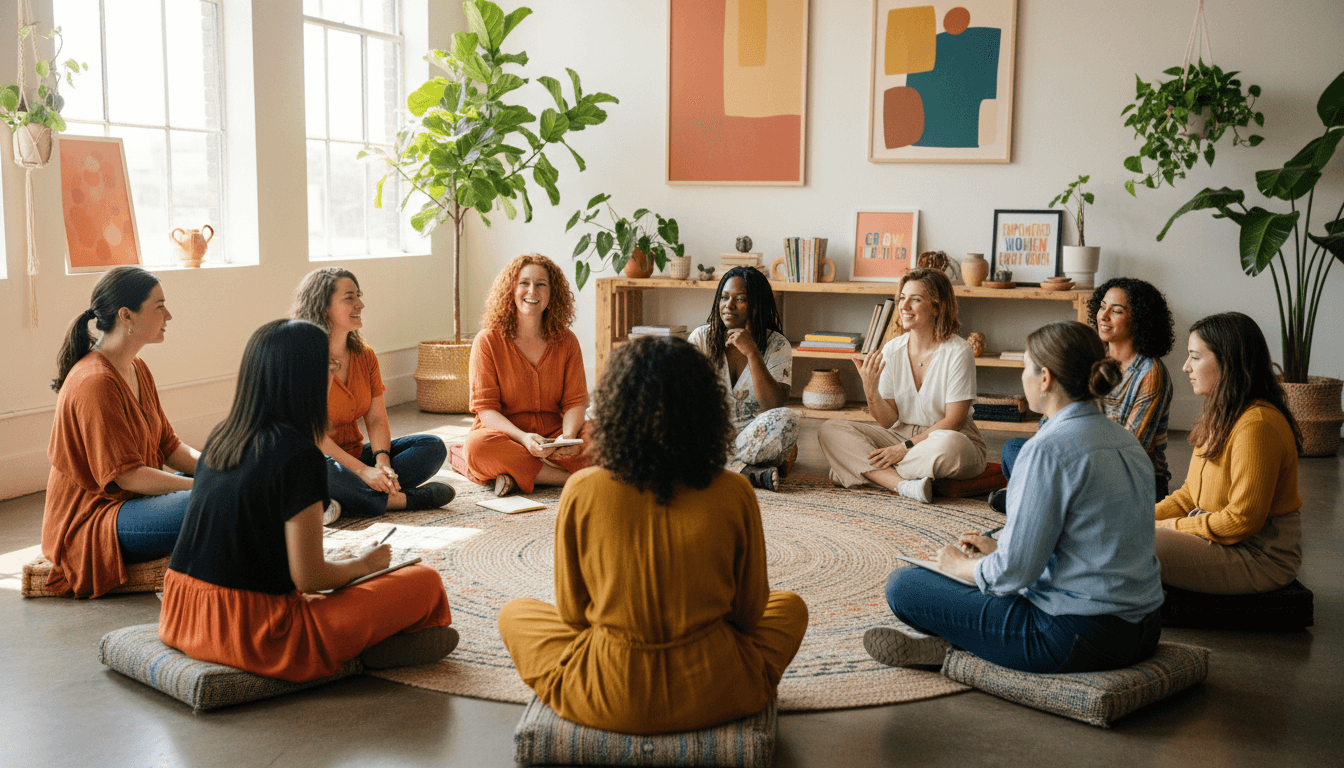 Diverse group of women sitting in circle during community coaching session, engaged in discussion Diverse group of women sitting in circle during community coaching session, engaged in discussion