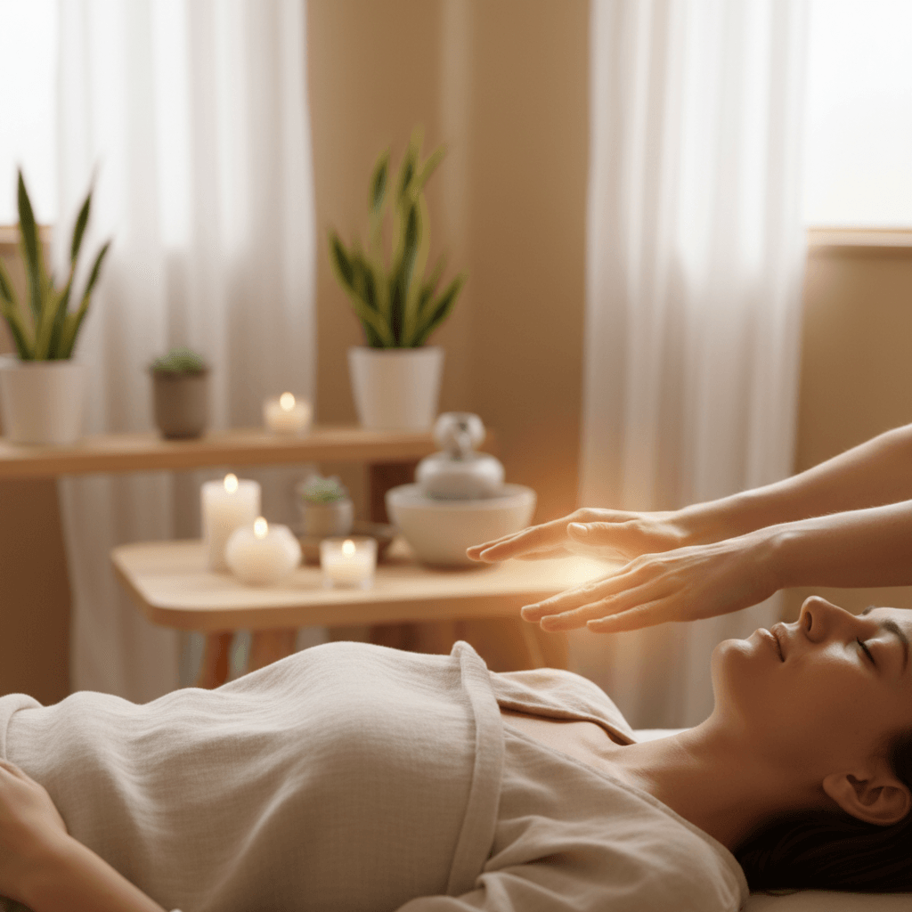 Reiki practitioner's hands positioned above client's shoulder during energy healing session in tranquil wellness room Reiki practitioner's hands positioned above client's shoulder during energy healing session in tranquil wellness room